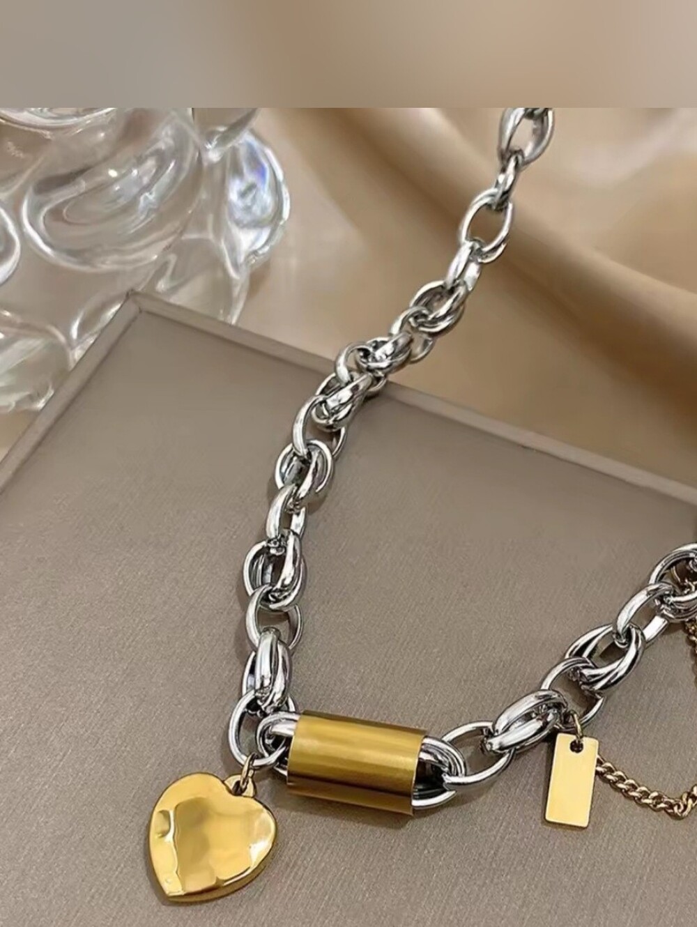 Two-Tone, Mixed Metal Gold and Silver Chain Bracelet & Necklace with Gold Charm